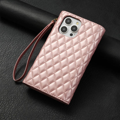 For iPhone 15 Pro Max Zipper Multi-Card Wallet Rhombic Leather Phone Case(Rose Gold) - iPhone 15 Pro Max Cases by buy2fix | Online Shopping UK | buy2fix