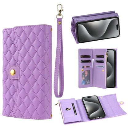 For iPhone 15 Pro Zipper Multi-Card Wallet Rhombic Leather Phone Case(Purple) - iPhone 15 Pro Cases by buy2fix | Online Shopping UK | buy2fix