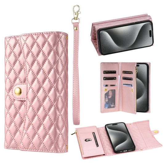 For iPhone 15 Pro Zipper Multi-Card Wallet Rhombic Leather Phone Case(Rose Gold) - iPhone 15 Pro Cases by buy2fix | Online Shopping UK | buy2fix