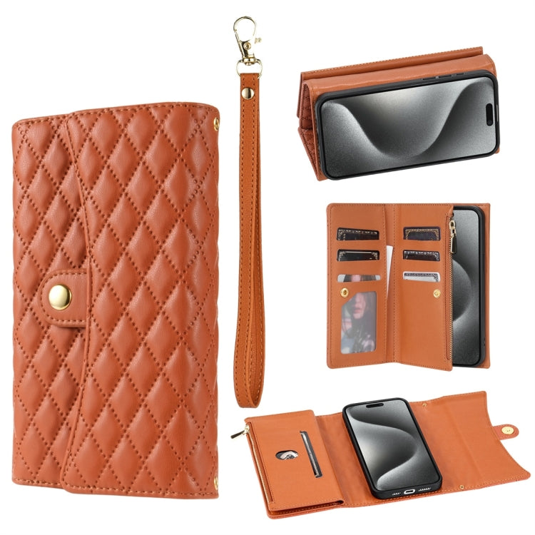 For iPhone 15 Pro Zipper Multi-Card Wallet Rhombic Leather Phone Case(Brown) - iPhone 15 Pro Cases by buy2fix | Online Shopping UK | buy2fix