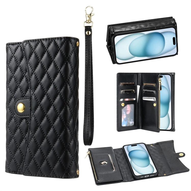 For iPhone 15 Plus Zipper Multi-Card Wallet Rhombic Leather Phone Case(Black) - iPhone 15 Plus Cases by buy2fix | Online Shopping UK | buy2fix