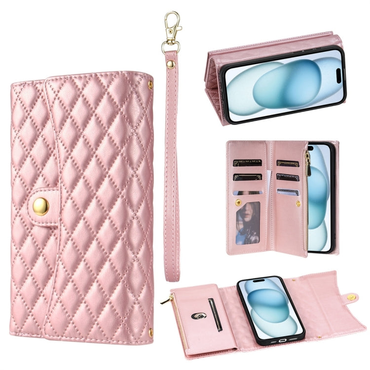For iPhone 15 Plus Zipper Multi-Card Wallet Rhombic Leather Phone Case(Rose Gold) - iPhone 15 Plus Cases by buy2fix | Online Shopping UK | buy2fix