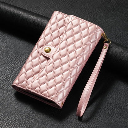 For iPhone 15 Plus Zipper Multi-Card Wallet Rhombic Leather Phone Case(Rose Gold) - iPhone 15 Plus Cases by buy2fix | Online Shopping UK | buy2fix
