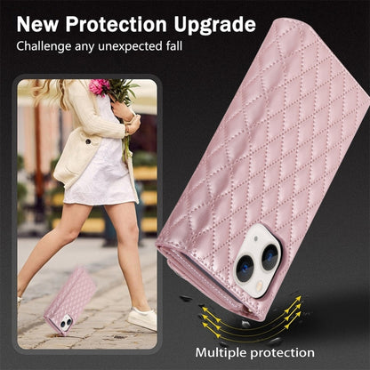 For iPhone 15 Plus Zipper Multi-Card Wallet Rhombic Leather Phone Case(Rose Gold) - iPhone 15 Plus Cases by buy2fix | Online Shopping UK | buy2fix