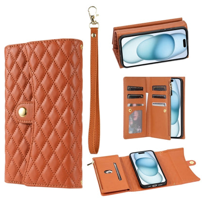 For iPhone 15 Plus Zipper Multi-Card Wallet Rhombic Leather Phone Case(Brown) - iPhone 15 Plus Cases by buy2fix | Online Shopping UK | buy2fix