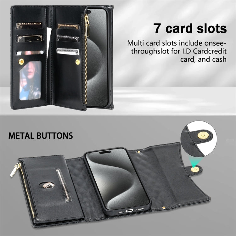For iPhone 15 Zipper Multi-Card Wallet Rhombic Leather Phone Case(Black) - iPhone 15 Cases by buy2fix | Online Shopping UK | buy2fix