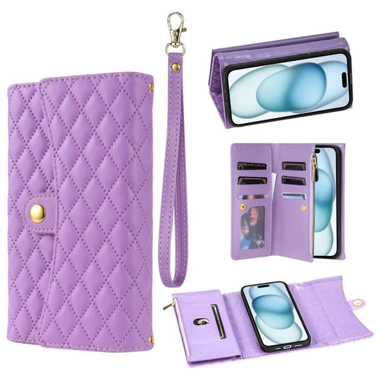 For iPhone 15 Zipper Multi-Card Wallet Rhombic Leather Phone Case(Purple) - iPhone 15 Cases by buy2fix | Online Shopping UK | buy2fix