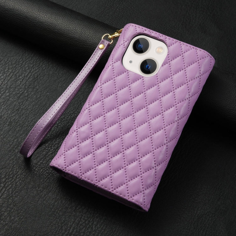 For iPhone 15 Zipper Multi-Card Wallet Rhombic Leather Phone Case(Purple) - iPhone 15 Cases by buy2fix | Online Shopping UK | buy2fix