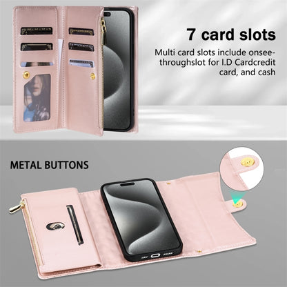 For iPhone 15 Zipper Multi-Card Wallet Rhombic Leather Phone Case(Rose Gold) - iPhone 15 Cases by buy2fix | Online Shopping UK | buy2fix