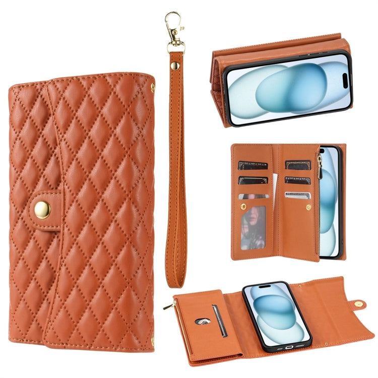 For iPhone 15 Zipper Multi-Card Wallet Rhombic Leather Phone Case(Brown) - iPhone 15 Cases by buy2fix | Online Shopping UK | buy2fix