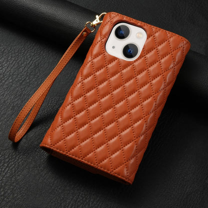 For iPhone 15 Zipper Multi-Card Wallet Rhombic Leather Phone Case(Brown) - iPhone 15 Cases by buy2fix | Online Shopping UK | buy2fix
