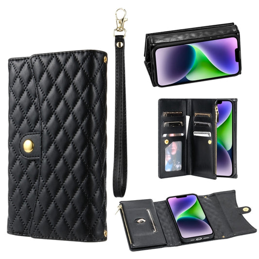 For iPhone 14 Zipper Multi-Card Wallet Rhombic Leather Phone Case(Black) - iPhone 14 Cases by buy2fix | Online Shopping UK | buy2fix