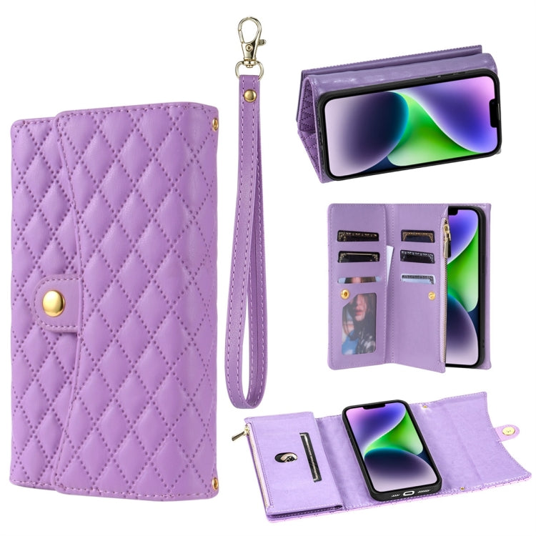 For iPhone 14 Zipper Multi-Card Wallet Rhombic Leather Phone Case(Purple) - iPhone 14 Cases by buy2fix | Online Shopping UK | buy2fix