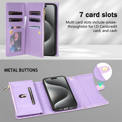 For iPhone 14 Zipper Multi-Card Wallet Rhombic Leather Phone Case(Purple) - iPhone 14 Cases by buy2fix | Online Shopping UK | buy2fix
