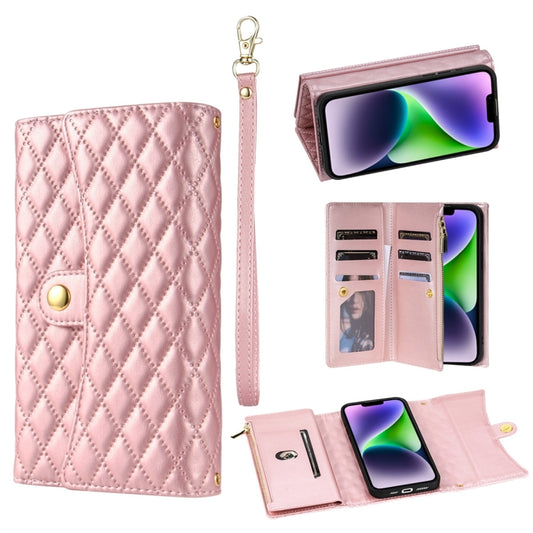 For iPhone 14 Zipper Multi-Card Wallet Rhombic Leather Phone Case(Rose Gold) - iPhone 14 Cases by buy2fix | Online Shopping UK | buy2fix