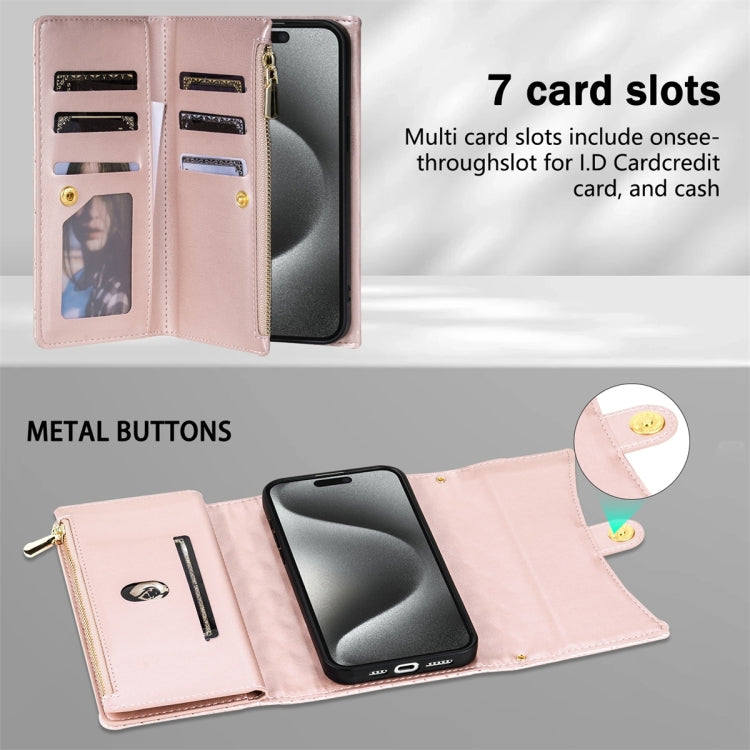 For iPhone 14 Zipper Multi-Card Wallet Rhombic Leather Phone Case(Rose Gold) - iPhone 14 Cases by buy2fix | Online Shopping UK | buy2fix