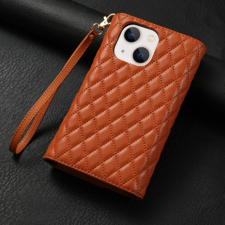 For iPhone 14 Zipper Multi-Card Wallet Rhombic Leather Phone Case(Brown) - iPhone 14 Cases by buy2fix | Online Shopping UK | buy2fix