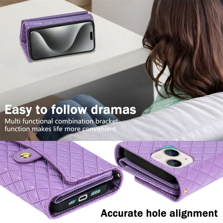 For iPhone 14 Plus Zipper Multi-Card Wallet Rhombic Leather Phone Case(Purple) - More iPhone Cases by buy2fix | Online Shopping UK | buy2fix