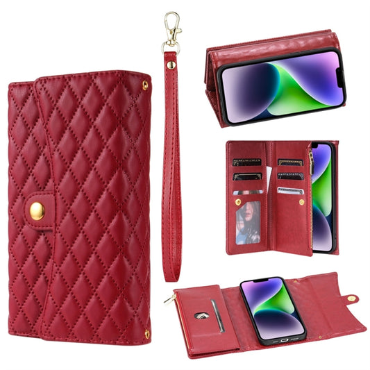 For iPhone 14 Plus Zipper Multi-Card Wallet Rhombic Leather Phone Case(Red) - More iPhone Cases by buy2fix | Online Shopping UK | buy2fix