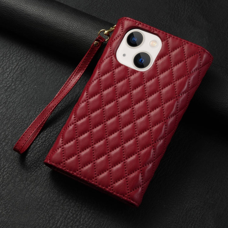 For iPhone 14 Plus Zipper Multi-Card Wallet Rhombic Leather Phone Case(Red) - More iPhone Cases by buy2fix | Online Shopping UK | buy2fix