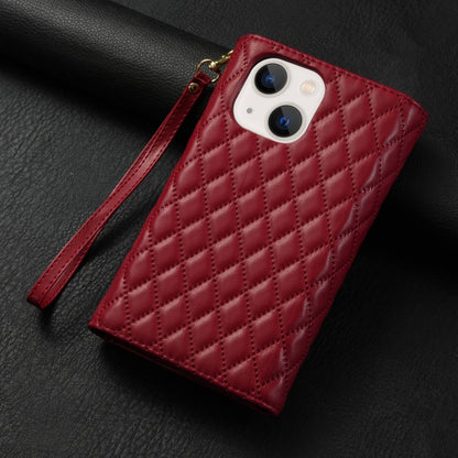 For iPhone 14 Plus Zipper Multi-Card Wallet Rhombic Leather Phone Case(Red) - More iPhone Cases by buy2fix | Online Shopping UK | buy2fix