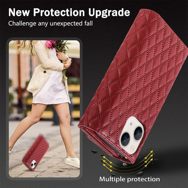 For iPhone 14 Plus Zipper Multi-Card Wallet Rhombic Leather Phone Case(Red) - More iPhone Cases by buy2fix | Online Shopping UK | buy2fix