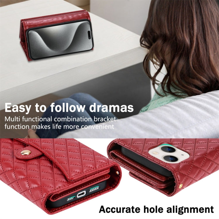 For iPhone 14 Plus Zipper Multi-Card Wallet Rhombic Leather Phone Case(Red) - More iPhone Cases by buy2fix | Online Shopping UK | buy2fix