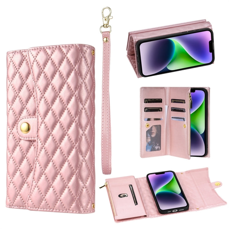 For iPhone 14 Plus Zipper Multi-Card Wallet Rhombic Leather Phone Case(Rose Gold) - More iPhone Cases by buy2fix | Online Shopping UK | buy2fix