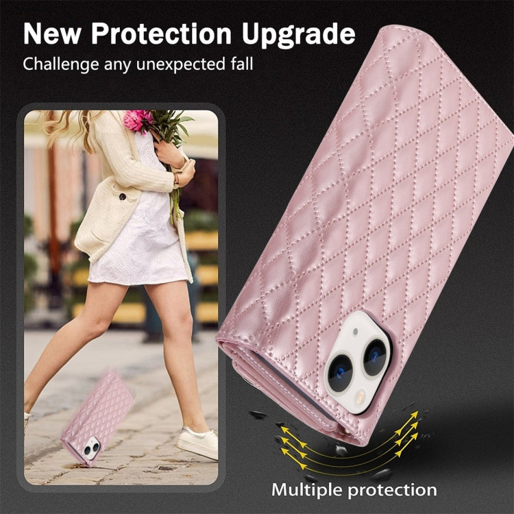 For iPhone 14 Plus Zipper Multi-Card Wallet Rhombic Leather Phone Case(Rose Gold) - More iPhone Cases by buy2fix | Online Shopping UK | buy2fix