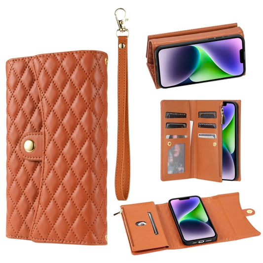 For iPhone 14 Plus Zipper Multi-Card Wallet Rhombic Leather Phone Case(Brown) - More iPhone Cases by buy2fix | Online Shopping UK | buy2fix