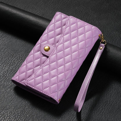 For iPhone 14 Pro Max Zipper Multi-Card Wallet Rhombic Leather Phone Case(Purple) - iPhone 14 Pro Max Cases by buy2fix | Online Shopping UK | buy2fix