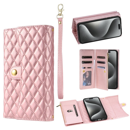 For iPhone 14 Pro Max Zipper Multi-Card Wallet Rhombic Leather Phone Case(Rose Gold) - iPhone 14 Pro Max Cases by buy2fix | Online Shopping UK | buy2fix