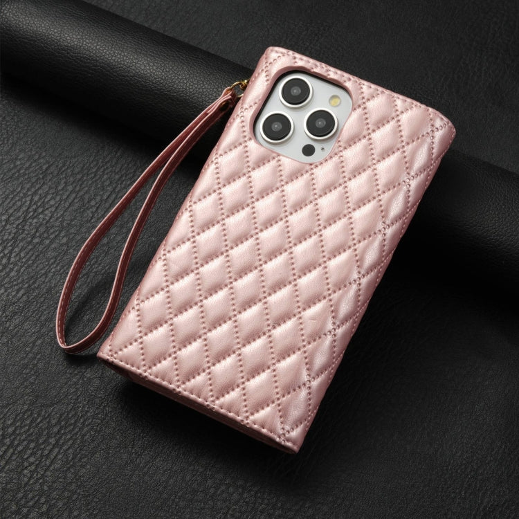 For iPhone 14 Pro Max Zipper Multi-Card Wallet Rhombic Leather Phone Case(Rose Gold) - iPhone 14 Pro Max Cases by buy2fix | Online Shopping UK | buy2fix