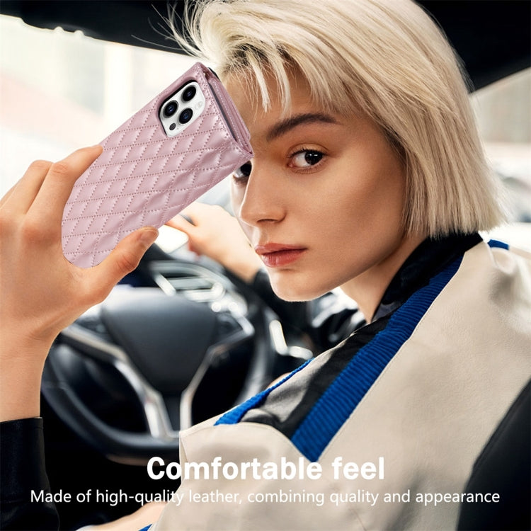 For iPhone 14 Pro Max Zipper Multi-Card Wallet Rhombic Leather Phone Case(Rose Gold) - iPhone 14 Pro Max Cases by buy2fix | Online Shopping UK | buy2fix