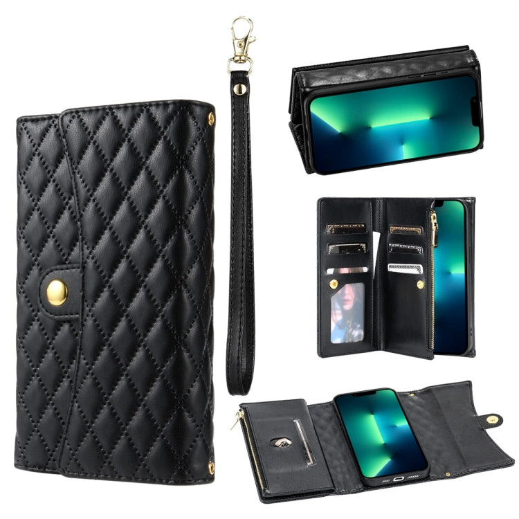 For iPhone 13 Pro Max Zipper Multi-Card Wallet Rhombic Leather Phone Case(Black) - iPhone 13 Pro Max Cases by buy2fix | Online Shopping UK | buy2fix
