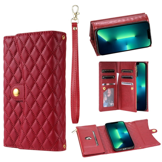 For iPhone 13 Pro Max Zipper Multi-Card Wallet Rhombic Leather Phone Case(Red) - iPhone 13 Pro Max Cases by buy2fix | Online Shopping UK | buy2fix