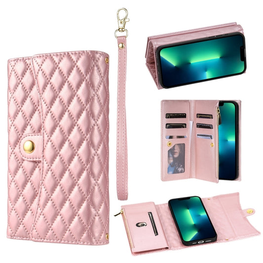 For iPhone 13 Pro Max Zipper Multi-Card Wallet Rhombic Leather Phone Case(Rose Gold) - iPhone 13 Pro Max Cases by buy2fix | Online Shopping UK | buy2fix