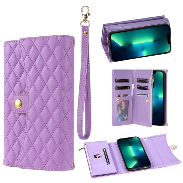 For iPhone 13 Pro Zipper Multi-Card Wallet Rhombic Leather Phone Case(Purple) - iPhone 13 Pro Cases by buy2fix | Online Shopping UK | buy2fix
