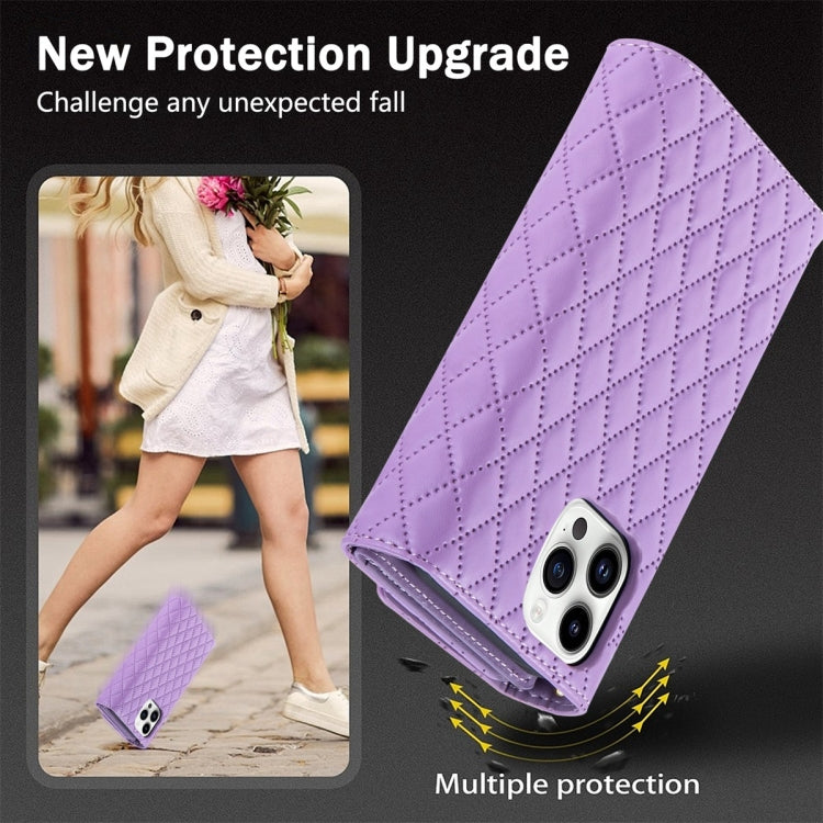 For iPhone 13 Pro Zipper Multi-Card Wallet Rhombic Leather Phone Case(Purple) - iPhone 13 Pro Cases by buy2fix | Online Shopping UK | buy2fix