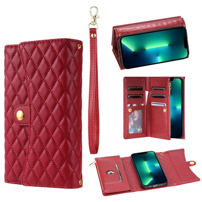 For iPhone 13 Pro Zipper Multi-Card Wallet Rhombic Leather Phone Case(Red) - iPhone 13 Pro Cases by buy2fix | Online Shopping UK | buy2fix
