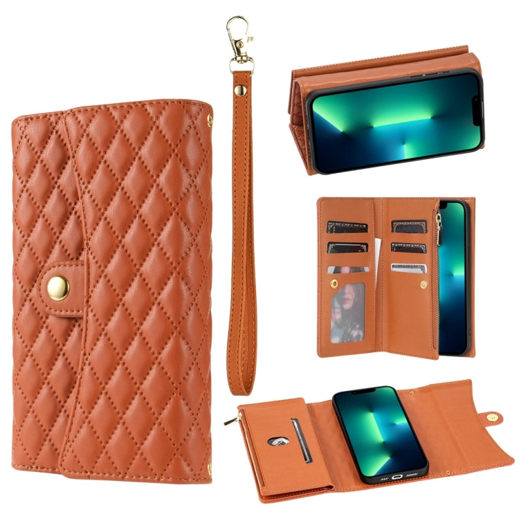 For iPhone 13 Pro Zipper Multi-Card Wallet Rhombic Leather Phone Case(Brown) - iPhone 13 Pro Cases by buy2fix | Online Shopping UK | buy2fix