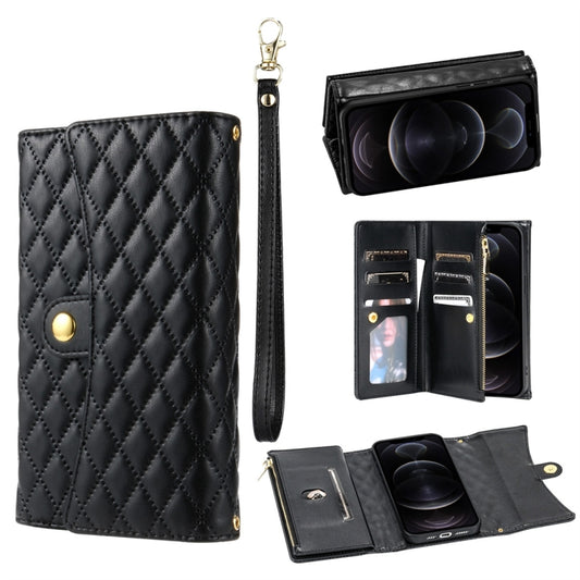 For iPhone 12 / 12 Pro Zipper Multi-Card Wallet Rhombic Leather Phone Case(Black) - iPhone 12 / 12 Pro Cases by buy2fix | Online Shopping UK | buy2fix