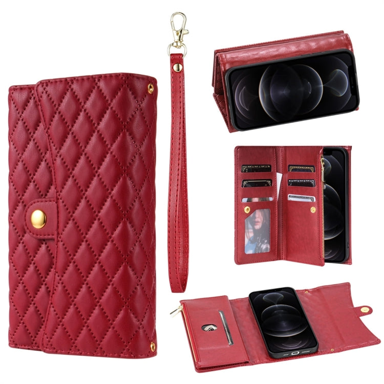 For iPhone 12 / 12 Pro Zipper Multi-Card Wallet Rhombic Leather Phone Case(Red) - iPhone 12 / 12 Pro Cases by buy2fix | Online Shopping UK | buy2fix