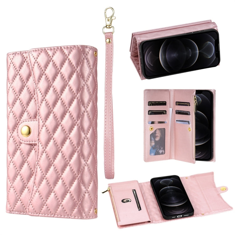 For iPhone 12 / 12 Pro Zipper Multi-Card Wallet Rhombic Leather Phone Case(Rose Gold) - iPhone 12 / 12 Pro Cases by buy2fix | Online Shopping UK | buy2fix