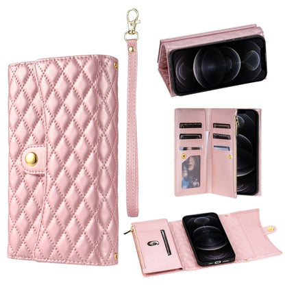 For iPhone 12 / 12 Pro Zipper Multi-Card Wallet Rhombic Leather Phone Case(Rose Gold) - iPhone 12 / 12 Pro Cases by buy2fix | Online Shopping UK | buy2fix