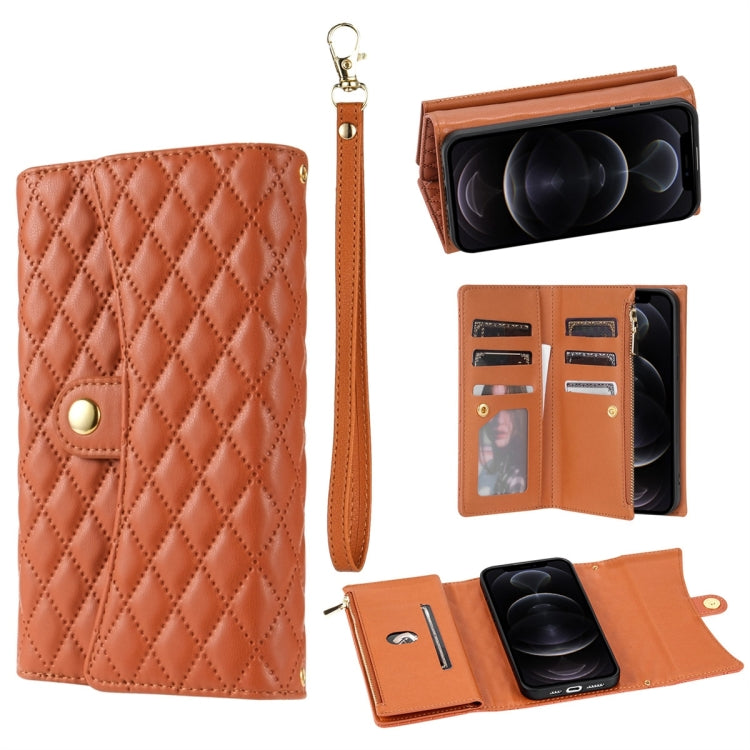 For iPhone 12 / 12 Pro Zipper Multi-Card Wallet Rhombic Leather Phone Case(Brown) - iPhone 12 / 12 Pro Cases by buy2fix | Online Shopping UK | buy2fix