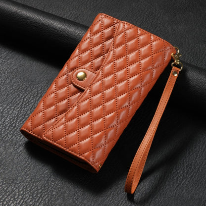 For iPhone 12 / 12 Pro Zipper Multi-Card Wallet Rhombic Leather Phone Case(Brown) - iPhone 12 / 12 Pro Cases by buy2fix | Online Shopping UK | buy2fix