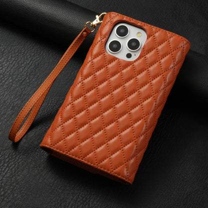 For iPhone 12 / 12 Pro Zipper Multi-Card Wallet Rhombic Leather Phone Case(Brown) - iPhone 12 / 12 Pro Cases by buy2fix | Online Shopping UK | buy2fix