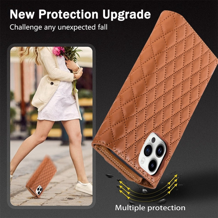 For iPhone 12 / 12 Pro Zipper Multi-Card Wallet Rhombic Leather Phone Case(Brown) - iPhone 12 / 12 Pro Cases by buy2fix | Online Shopping UK | buy2fix
