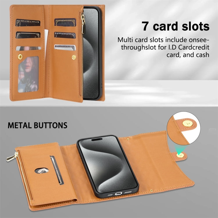 For iPhone 12 / 12 Pro Zipper Multi-Card Wallet Rhombic Leather Phone Case(Brown) - iPhone 12 / 12 Pro Cases by buy2fix | Online Shopping UK | buy2fix